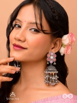 Punyodyan - The Shell Shalimar - Beads, Shells And Glass Drops Hand Embroidered Oxidised Jhumka Earrings
