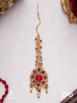 Kumudinikunda-Delicate lotus-Embroidered hair accessory with a red stone & golden embellishments