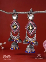 CHANDRAKANTA-MOONSTONE EARRINGS-STATEMENT OXIDISED JHUMKAS WITH MIRROR, BEADS AND THREAD WORK