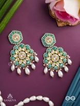 Vaidurya-Emerald Blossom- Firozi-colored glass stones earrings paired with golden and white accents, beads, and danglers