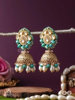 Sphārikā- Crystal Radiance-Jhumka earrings adorned with diamond shaped stones,beads and pearls of golden, white and turquoise accents