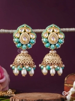 Sphārikā- Crystal Radiance-Jhumka earrings adorned with diamond shaped stones,beads and pearls of golden, white and turquoise accents