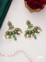 CHANDRAVATA- CRESCENT BRANCH EARRINGS- EMBROIDERED EARRINGS WITH STONES, BEADS, PEARLS AND RESHAM WORK