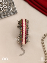 SHAKHAABANDHA- BRANCH BIND- OXIDIZED HAND EMBROIDERED BRACELET, THREAD WORK ACCENTED WITH GHUNGROO AND BEADS