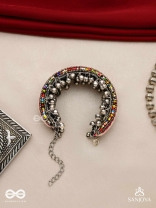SHAKHAABANDHA- BRANCH BIND- OXIDIZED HAND EMBROIDERED BRACELET, THREAD WORK ACCENTED WITH GHUNGROO AND BEADS