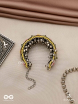 SUMANALEKHA-FLORAL PATTERN- SEMI-OXIDIZED BRACELET FEATURES GHUNGROO, BEADS, AND EMBROIDERED FLOWERS