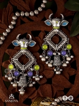 NANDI MANIKARNA- NANDI STONE EARRINGS-OXIDIZED EARRINGS FEATURING A BULL FACE, ADORNED WITH STONES AND GHUNGHROOS