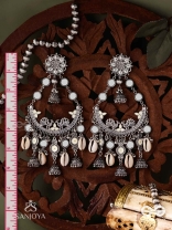 CHANDRAMAYURA- MOON-PEACOCK EARRINGS- OXIDIZED CHAANDBAALI EARRINGS, ADORNED WITH MIRRORS, GHUNGHROOS, COWRIE SHELLS, AND DANGLING JHUMKA