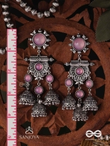 VIJAYAMUKTA-VICTORY PEARLS- REGAL OXIDIZED EARRINGS WITH A CENTRAL PURPLE STONE AND LAYERED JHUMKAS