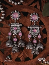VIJAYAMUKTA-VICTORY PEARLS- REGAL OXIDIZED EARRINGS WITH A CENTRAL PURPLE STONE AND LAYERED JHUMKAS