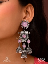 VIJAYAMUKTA-VICTORY PEARLS- REGAL OXIDIZED EARRINGS WITH A CENTRAL PURPLE STONE AND LAYERED JHUMKAS