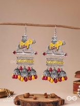  SAMPURNAMANI-COMPLETE JEWEL- ELEPHANT MOTIF EARRINGS ENAMELLED WITH SILVER-TONED METAL, FEATURING JHUMKA AND STONE EMBELLISHMENTS