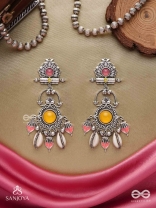  SURYARATNA-SUN GEM-SILVER-TONED EARRINGS ACCENTED WITH DANGLING COWRIE SHELLS AND GHUNGHROO'S