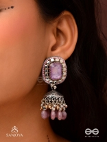  AMRITAMANJARI-NECTAR CLUSTER- EMBROIDERED LAVENDAR JHUMKA EARRINGS ADORNED WITH STONES AND BEADS