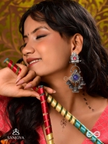  NEELADHARA-BLUE STREAM-OXIDIZED EARRINGS COMPLEMENTED BY STONES, BEADS AND DANGLING JHUMKAS