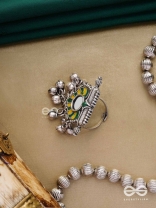 Moss Canopy-  Enamelled Oxidized Adjustable ring  with ghungroos and mirror.