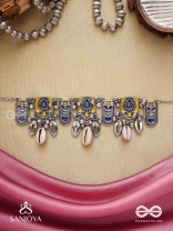 Shankhariti-Conch Elegance- Enamelled Choker neckpiece with pastel motifs with cowrie shells and ghunghroo