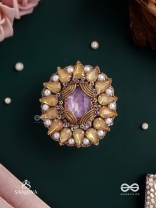 KANAKA PUSHPA – GOLDEN FLOWER EMBROIDERED FLOWER-SHAPED RING ADORNED WITH YELLOW GEMS AND PEARLS, GIVING A GOLDEN GLOW