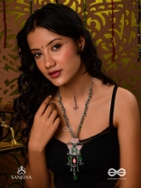 MAYURA MAALA- PECOCK NECKLACE: ENAMELLED OXIDISED NECKLACE WITH GHUNGROO AND BEADS