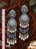 NEELKAMALA – BLUE LOTUS OXIDIZED EARRINGS WITH BLUE BEADS AND INTRICATE WORK, ADORNED WITH PEARLS & GHUNGROO'S