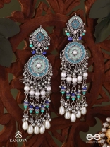 NEELKAMALA – BLUE LOTUS OXIDIZED EARRINGS WITH BLUE BEADS AND INTRICATE WORK, ADORNED WITH PEARLS & GHUNGROO'S