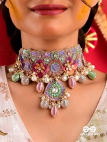 RANGOLIKA - A CANVAS OF COLORS - ENAMEL FLORALS, PEARLS AND BEADS HAND EMBROIDERD CHOKER NECKLACE