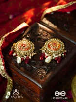 KUSUMAVALI - ROW OF FLOWERS - STONES, PEARLS AND RED BEADS KUNDAN HAND EMBROIDERED EARRINGS