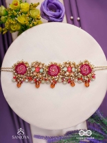 GULRATNA - JEWEL OF ROSES - HANDCRAFTED ROSE CHOKER WITH BEADED FRINGES, PEARLS AND GEM DETAILS