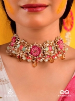 GULRATNA - JEWEL OF ROSES - HANDCRAFTED ROSE CHOKER WITH BEADED FRINGES, PEARLS AND GEM DETAILS