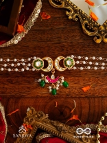SHASHIRATNA- JEWEL OF THE MOON- KUNDAN NECKLACE INSPIRED BY THE MOON’S RADIANCE WITH PEARLS AND  GREEN DROPS