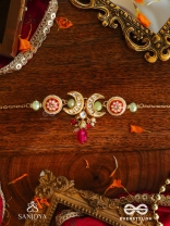 SHONAPRABHA- RADIANCE OF GOLD AND RED- HANDCRAFTED KUNDAN CHOKER  WITH GOLDEN MOONS AND RED BEADS