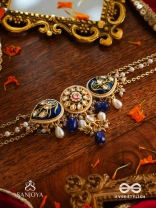 NILACHANDRIKA- MOONLIGHT OF THE BLUE SKY- KUNDAN NECKLACE WITH DEEP BLUE ENAMEL WORK WITH GOLDEN DETAILS, PEARLS, AND DAZZLING GEMS