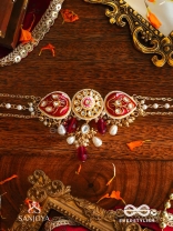 ARUNAMUKHI- FACE OF THE RED SUN- GLORIOUS KUNDAN NECKLACE WITH RED ENAMEL DETAILS AND PEARL EMBELLISHMENTS 