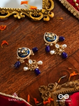 NILACHANDRIKA- MOONLIGHT OF THE BLUE SKY- KUNDAN EARRINGS WITH DEEP BLUE ENAMEL WORK WITH GOLDEN DETAILS, PEARLS, AND DAZZLING GEMS