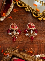 ARUNAMUKHI- FACE OF THE RED SUN- GLORIOUS KUNDAN EARRINGS WITH RED ENAMEL DETAILS AND PEARL EMBELLISHMENTS 