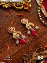 SHONAPRABHA- RADIANCE OF GOLD AND RED- HANDCRAFTED KUNDAN EARRINGS  WITH GOLDEN MOONS AND RED BEADS