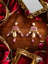 MANOHARA - CHARMING BEAUTY- ROYAL KUNDAN EARRINGS WITH PEARL STRINGS, SHELLS AND PINK GEM EMBELLISHMENTS