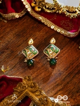 VANASHREE - QUEEN OF THE FOREST- MESMERIZING EARRINGS WITH VIBRANT GREEN AND GOLDEN ACCENTS, ADORNED WITH KUNDAN AND PEARLS