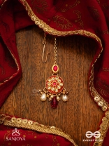 AGNITA - FIERY BEAUTY - INTRICATE KUNDAN RED POLKI MAANGTIKA WITH PEARLS AND GEM FRINGES