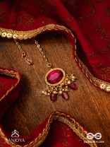 SINDURINI - VERMILION GRACE - STATEMENT KUNDAN POLKI MAANGTIKA WITH RED GEMSTONES AND ENAMEL ACCENTS
