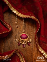 SINDURINI - VERMILION GRACE - STATEMENT KUNDAN POLKI MAANGTIKA WITH RED GEMSTONES AND ENAMEL ACCENTS
