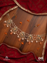 SANDHYAPRIYA - LOVER OF DUSK - EXQUISITE GOLDEN ENAMELLED KUNDAN NECKLACE WITH LUSTROUS ORANGE GEM DROPS