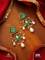 RATNODYA - RISING GEM - DAZZLING KUNDAN EARRINGS WITH PEARLS AND ROYAL GREEN AND GOLD ACCENTS