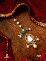 RATNODYA - RISING GEM - DAZZLING KUNDAN MAANGTIKA WITH PEARLS AND ROYAL GREEN AND GOLD ACCENTS