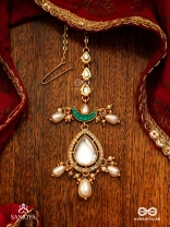 RATNODYA - RISING GEM - DAZZLING KUNDAN MAANGTIKA WITH PEARLS AND ROYAL GREEN AND GOLD ACCENTS