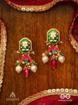 INDULEKHA - MOON'S BEAUTY - EXQUISITE CRESCENT-MOTIF KUNDAN EARRINGS WITH ENAMEL DETAILS AND PEARL DROPS