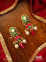INDULEKHA - MOON'S BEAUTY - EXQUISITE CRESCENT-MOTIF KUNDAN EARRINGS WITH ENAMEL DETAILS AND PEARL DROPS