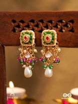 RANIRAGA - QUEEN’S MELODY- EXQUISITE KUNDAN EARRINGS WITH FLORAL ENAMEL WORK, BEADS AND PEARLS