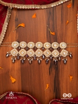 SHYAMALA - DUSKY QUEEN- GEOMETRIC POLKI NECKLACE WITH RICH GLASS DROPS AND PEARLS