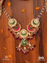 SINDURYA - SCARLET RAYS- GRAND CRESCENT ENAMEL KUNDAN NECKLACE WITH PEARLS AND BEADS